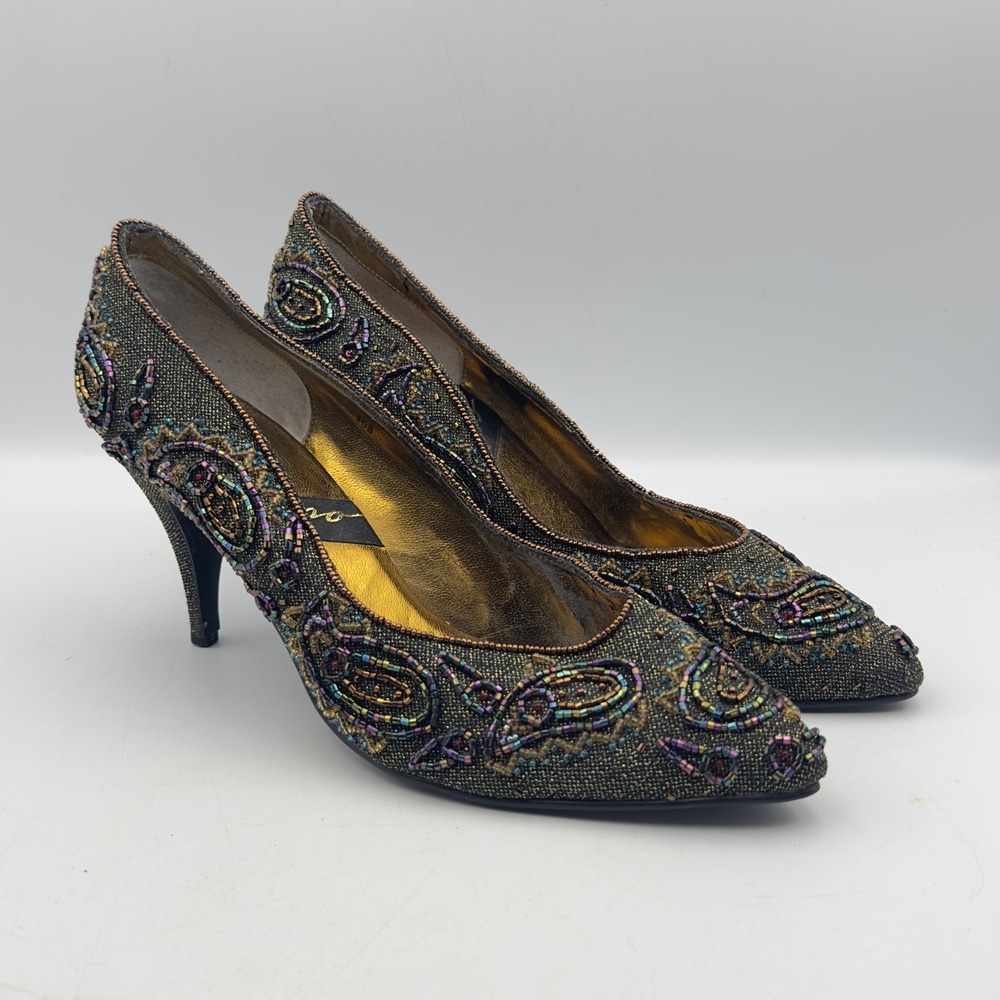 Beaded Pumps Bronze Paisley Iridescent Vintage 10B Evening Stiletto Heels READ